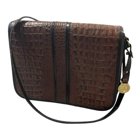 Brahmin Purse Embossed Crocodile Leather Brown Black Crossbody Shoulder Bag - Picture 1 of 16
